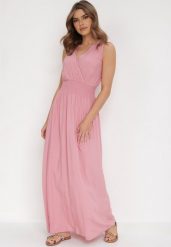 Różowa Sukienka Clymiolea. Czerwone sukienki Born2be, m, bez wzorów, z tkaniny, eleganckie, bez kołnierzyka, bez ramiączek, maxi, kopertowe. Za 29.99 zł.