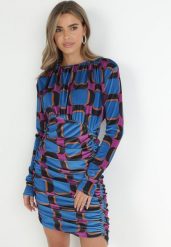 Niebieska Sukienka z Drapowaniem w Geometryczny Wzór Kalma. Niebieskie sukienki Born2be, l, bez wzorów, bez kołnierzyka, bez ramiączek, mini, dopasowane. Za 79.99 zł.