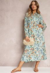 Miętowa Rozkloszowana Sukienka w Abstrakcyjny Wzór i Górą Zapinaną na Guziki Skylare. Zielone sukienki Renee, na co dzień, l, bez wzorów, z wiskozy, eleganckie, bez kołnierzyka, bez ramiączek, maxi, kopertowe. Za 89.99 zł.