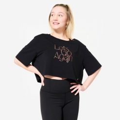 Koszulka do tańca modern jazz damska Starever crop top. Czarne topy STAREVER, xl, bez wzorów, z elastanu, bez kołnierzyka, bez ramiączek. Za 59.99 zł.