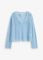 Lekki sweter ażurowy. Niebieskie swetry bonprix, w ażurowe wzory, z dzianiny, bez ramiączek. Za 99.99 zł.