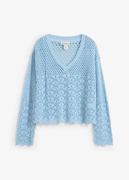 Lekki sweter ażurowy. Brązowe swetry bonprix, w ażurowe wzory, z dzianiny, bez ramiączek. Za 99.99 zł.