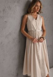 Beżowa Rozkloszowana Sukienka z Bawełną i Wiskozą Ozdobiona Paskiem Amalis. Brązowe sukienki Renee, do pracy, l, bez wzorów, z bawełny, biznesowe, bez kołnierzyka, bez ramiączek, maxi, rozkloszowane. Za 159.99 zł.