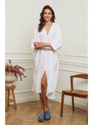 Plume Lniana sukienka "Dyana" w kolorze białym rozmiar: L. Białe sukienki Plume, l, bez wzorów, ze lnu, bez kołnierzyka, bez ramiączek, maxi. Za 254.14 zł.