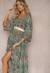 Zielona Rozkloszowana Sukienka we Wzór Paisley z Rękawem 3/4 Briarwa. Zielone sukienki Renee, l, bez wzorów, eleganckie, bez kołnierzyka, bez ramiączek, maxi, rozkloszowane. Za 74.99 zł.