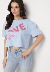 Niebieski Bawełniany T-shirt Oversize o Krótkim Kroju z Napisem Sannelia. Niebieskie t-shirty Born2be, m, bez wzorów, z bawełny, bez kołnierzyka, bez ramiączek. Za 34.99 zł.
