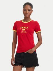 Guess Jeans T-Shirt W6YI16 K3995 Czerwony Slim Fit. Czerwone t-shirty Guess Jeans, m, z aplikacjami, z bawełny, bez kołnierzyka, bez ramiączek. Za 159.99 zł.