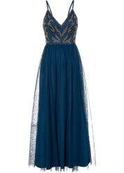 Sukienka na ramiączkach z aplikacją z perełek. Niebieskie sukienki bonprix, z aplikacjami, z tiulu, eleganckie, bez kołnierzyka, bez ramiączek. Za 309.99 zł.