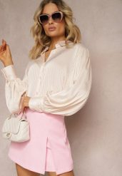 Beżowa Casualowa Plisowana Koszula z Ozdobnymi Mankietami Orchidsun. Brązowe koszule Renee, l, bez wzorów, eleganckie, bez kołnierzyka, bez ramiączek. Za 79.99 zł.