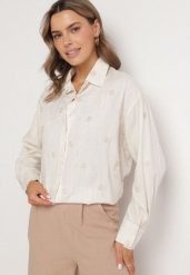 Beżowa Koszula z Wiskozą i Lnem Ozdobiona Haftem Lisarena. Brązowe koszule Born2be, m, bez wzorów, z wiskozy, eleganckie, bez kołnierzyka, bez ramiączek. Za 99.99 zł.