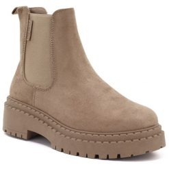Botki damskie zamszowe sztyblety na platformie beżowe Big Star UU274858. Brązowe botki Big Star, bez wzorów, ze skóry, bez obcasa, na platformie, bez zapięcia. Za 179.99 zł.