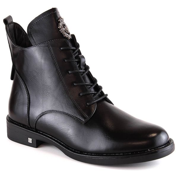 Botki damskie sznurowane i na zamek czarne Potocki SZ12179. Czarne botki POTOCKI, bez wzorów, ze skóry ekologicznej, bez obcasa, bez zapięcia. Za 189.99 zł.
