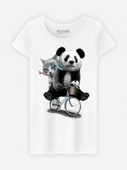 WOOOP Koszulka "Bicycle Panda" w kolorze białym rozmiar: S. Białe bluzki Wooop, s, bez wzorów, z bawełny, bez kołnierzyka, bez ramiączek. Za 56.99 zł.