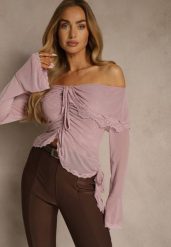 Różowa Bluzka Off Shoulder z Falbankami z Siateczki z Bawełny i Wiskozy Fenisella. Czerwone bluzki Renee, l, bez wzorów, z bawełny, eleganckie, bez kołnierzyka, bez ramiączek. Za 89.99 zł.