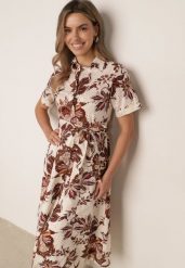 Brązowa Koszulowa Sukienka z Bawełnianej Tkaniny z Haftem w Rośliny Wzór Karicea. Brązowe sukienki Born2be, na co dzień, l, bez wzorów, z bawełny, boho, bez kołnierzyka, bez ramiączek, midi, dopasowane. Za 119.99 zł.