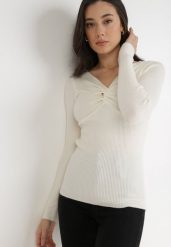 Kremowy Sweter Ampippe. Brązowe swetry Born2be, s, bez wzorów, z dzianiny, bez ramiączek. Za 59.99 zł.