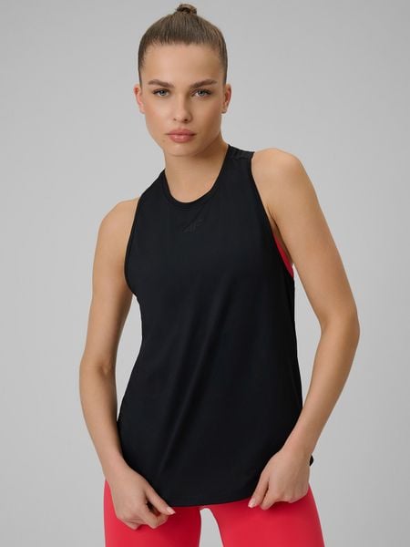 4F Top treningowy szybkoschnący damski - czarny L. Czarne topy 4f, l, bez wzorów, z materiału, bez kołnierzyka, bez ramiączek. Za 79.99 zł.