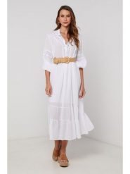 Lin Passion Sukienka w kolorze białym rozmiar: 34/36. Białe sukienki Lin Passion, bez wzorów, z bawełny, klasyczne, bez kołnierzyka, bez ramiączek, midi. Za 152.99 zł.