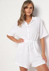 Biały Muślinowy Kombinezon z Bawełny Wiązany w Talii z Guzikami Dlirena. Białe sukienki Born2be, uniwersalny, bez wzorów, z bawełny, eleganckie, bez kołnierzyka, bez ramiączek, mini. Za 119.99 zł.