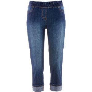 Jegginsy 3/4 bonprix ciemny denim. Niebieskie jeansy bonprix, bez wzorów. Za 74.99 zł.