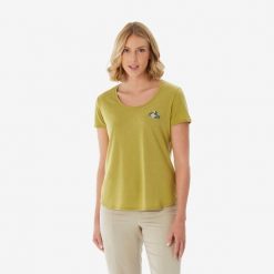 Koszulka turystyczna z krótkim rękawem damska Quechua NH500. Brązowe bluzki QUECHUA, m, bez wzorów, z bawełny, sportowe, bez kołnierzyka, bez ramiączek. Za 49.99 zł.