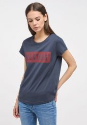 MUSTANG ALINA C LOGO TEE DAMSKI T-SHIRT KOSZULKA LOGO BLUE NIGHTS 1013220 4085. Niebieskie bluzki Mustang, m, bez wzorów, z bawełny, bez kołnierzyka, bez ramiączek. Za 69.99 zł.