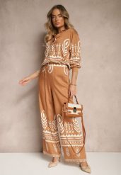 Brązowy Komplet z Wiskozą Koszula i Spodnie Zdobione Ornamentalnym Wzorem Gavris. Brązowe koszule Renee, l, z aplikacjami, z materiału, eleganckie, bez kołnierzyka, bez ramiączek. Za 119.99 zł.