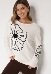 Biały Sweter Ozdobiony Haftowanymi Kwiatami Halatusea. Białe swetry Born2be, z aplikacjami, z jeansu, bez ramiączek. Za 69.99 zł.