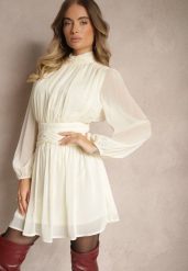 Beżowa Rozkloszowana Sukienka z Półprzeźroczystymi Wstawkami i Stójką Gelabine. Brązowe sukienki Renee, na co dzień, l, bez wzorów, eleganckie, bez kołnierzyka, bez ramiączek, mini, proste. Za 119.99 zł.