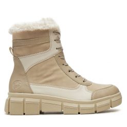 Botki Rieker. Brązowe botki Rieker, bez wzorów, bez obcasa, na płaskiej podeszwie, bez zapięcia. Za 293.99 zł.