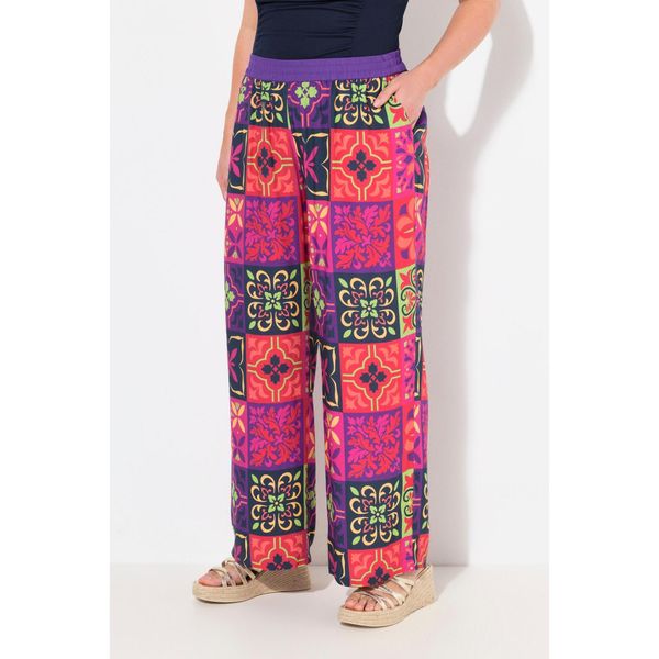 Damskie Spodnie palazzo wzór w płytki szeroka nogawka elastyczny pas. Fioletowe spodnie dresowe Ulla Popken, plus size, bez wzorów, z materiału. Za 244.99 zł.