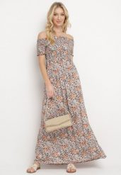 Granatowo-Pomarańczowa Sukienka Hiszpanka Długa z Bawełny w Kwiatowy Print Mrosa. Niebieskie sukienki Born2be, na imprezę, na lato, l, bez wzorów, z bawełny, boho, bez kołnierzyka, bez ramiączek, maxi, kopertowe. Za 49.99 zł.