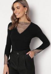 Czarny Sweter Udekorowany Siateczką z Cyrkoniami Kertta. Czarne swetry Born2be, na zimę, bez wzorów, bez ramiączek. Za 139.99 zł.