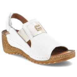 Sandały damskie Armodo, ze skóry na koturnie z ozdobą z gumką na rzepy, biało-złote, 50110-V. Białe sandały Armodo, z aplikacjami, ze skóry, eleganckie, z otwartym noskiem, bez obcasa, na koturnie, bez zapięcia. Za 269.00 zł.