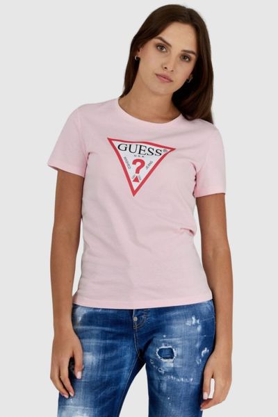 GUESS Różowy t-shirt damski z trójkątnym logo, Rozmiar S. Czerwone t-shirty Guess, s, z aplikacjami, bez kołnierzyka, bez ramiączek. W wyprzedaży za 85.99 zł.