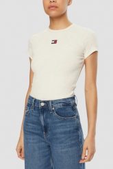 TOMMY JEANS Beżowy damski t-shirt, Rozmiar L. Brązowe t-shirty Tommy Jeans, l, bez wzorów, z jeansu, bez kołnierzyka, bez ramiączek. W wyprzedaży za 129.99 zł.