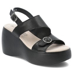 Czarne Sandały S.Barski Stylowe Obuwie Damskie Na Koturnie. Czarne sandały S.BARSKI, bez wzorów, ze skóry, eleganckie, bez obcasa, na koturnie, bez zapięcia. Za 199.00 zł.