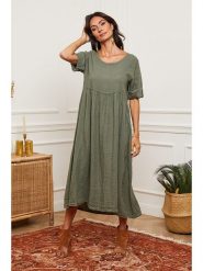 La Compagnie Du Lin Lniana sukienka w kolorze khaki rozmiar: XL. Brązowe sukienki La Compagnie Du Lin, na co dzień, xl, bez wzorów, ze lnu, bez kołnierzyka, bez ramiączek, maxi, proste. Za 255.34 zł.