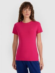 4F T-shirt slim gładki damski - różowy M. Czerwone t-shirty 4f, m, bez wzorów, z bawełny, bez kołnierzyka, bez ramiączek. Za 39.99 zł.