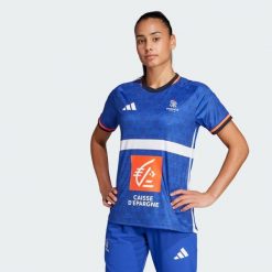 Koszulka France Handball Replica. Niebieskie bluzki Adidas, bez wzorów, z materiału, sportowe, bez kołnierzyka, bez ramiączek. Za 399.00 zł.