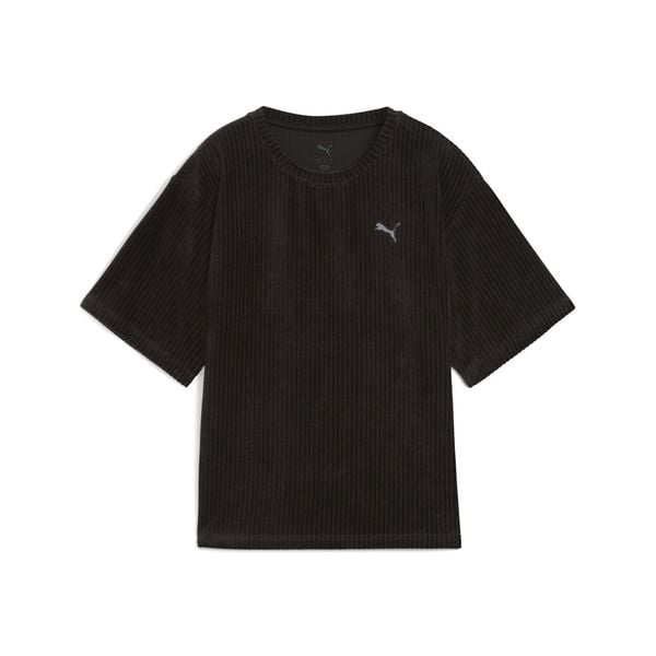 Damska koszulka Essentials Elevated Velour Rib o luźnym kroju PUMA. Czarne bluzki Puma, bez wzorów, sportowe, bez kołnierzyka, bez ramiączek. Za 129.00 zł.