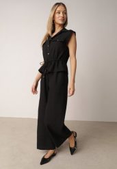 Czarny Bawełniano-Wiskozowy Kombinezon Koszulowy Bez Rękawów z Baskinką Marmaya. Czarne sukienki Born2be, na co dzień, l, bez wzorów, z bawełny, eleganckie, bez kołnierzyka, bez ramiączek, baskinki. Za 139.99 zł.