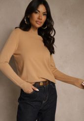 Ciemnobeżowy Casualowy Sweter z Półgolfem w Minimalistycznym Stylu Seorienne. Brązowe swetry Renee, l, bez wzorów, bez ramiączek. Za 59.99 zł.
