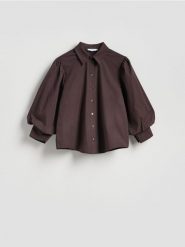 Koszula z bufiastymi rękawami - brązowy. Brązowe koszule Reserved, l, bez wzorów, z bawełny, bez kołnierzyka, bez ramiączek. Za 129.99 zł.