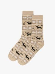 Beżowo-brązowe skarpetki świąteczne unisex w renifery. Brązowe skarpety Ryłko, z aplikacjami, z bawełny. Za 24.99 zł.