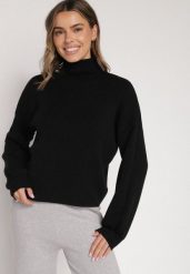 Czarny Golf z Bufiastymi Rękawami Wedelia. Czarne golfy Born2be, l, bez wzorów, z jeansu, bez ramiączek. Za 79.99 zł.