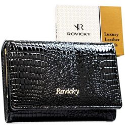 Średni, czarny portfel damski ze skóry naturalnej zamykany zatrzaskiem RH-30-1-RS Rovicky. Czarne portfele ROVICKY, bez wzorów, z lakierowanej skóry. Za 99.00 zł.