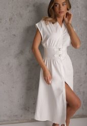 Biała Sukienka na Guziki z Gorsetowym Panelem z Klamrami w Talii Frose. Białe sukienki Renee, na imprezę, l, bez wzorów, bez kołnierzyka, bez ramiączek, midi, gorsetowe. Za 129.99 zł.