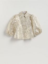 Błyszcząca koszula z bufkami - srebrny. Szare koszule Reserved, l, bez wzorów, z tkaniny, bez kołnierzyka, bez ramiączek. Za 149.99 zł.