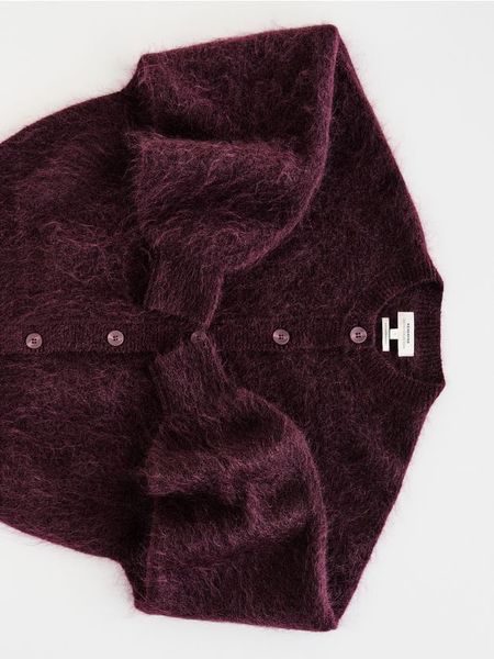 Kardigan z moherem - mahoniowy. Brązowe kardigany Reserved, l, bez wzorów, z dzianiny. W wyprzedaży za 259.99 zł.